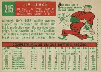 1959 Topps #215 Jim Lemon Back