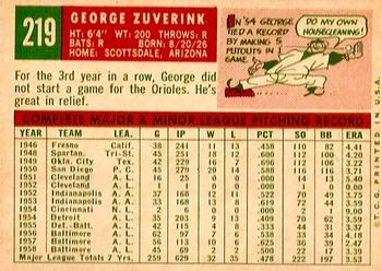 1959 Topps #219 George Zuverink Back
