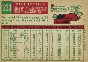 1959 Topps #233 Paul Foytack Back