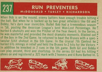 1959 Topps #237 Run Preventers (Gil McDougald / Bob Turley / Bobby Richardson) Back