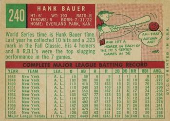 1959 Topps #240 Hank Bauer Back