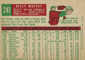 1959 Topps #241 Billy Muffett Back