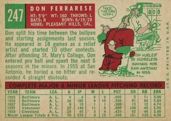 1959 Topps #247 Don Ferrarese Back