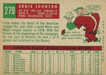 1959 Topps #279 Ernie Johnson Back