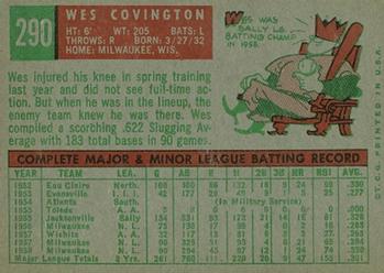 1959 Topps #290 Wes Covington Back