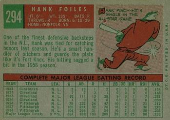 1959 Topps #294 Hank Foiles Back