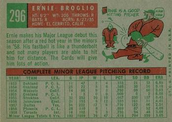 1959 Topps #296 Ernie Broglio Back