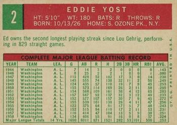 1959 Topps #2 Eddie Yost Back