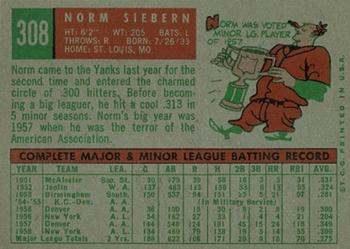 1959 Topps #308 Norm Siebern Back