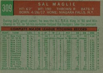 1959 Topps #309 Sal Maglie Back