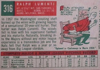 1959 Topps #316 Ralph Lumenti Back