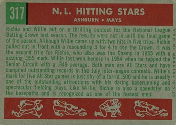 1959 Topps #317 N.L. Hitting Kings (Richie Ashburn / Willie Mays) Back