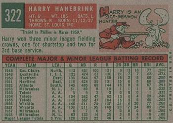 1959 Topps #322 Harry Hanebrink Back