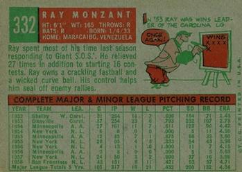 1959 Topps #332 Ray Monzant Back