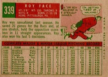 1959 Topps #339 Roy Face Back