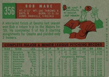 1959 Topps #356 Bob Mabe Back
