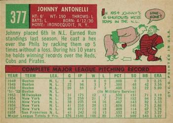 1959 Topps #377 Johnny Antonelli Back