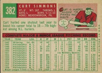 1959 Topps #382 Curt Simmons Back