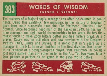 1959 Topps #383 Words of Wisdom (Don Larsen / Casey Stengel) Back
