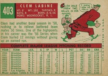 1959 Topps #403 Clem Labine Back