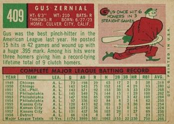 1959 Topps #409 Gus Zernial Back