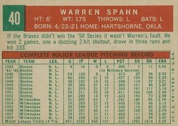 1959 Topps #40 Warren Spahn Back