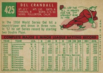 1959 Topps #425 Del Crandall Back