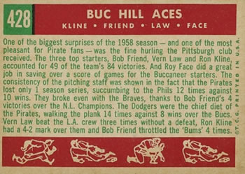 1959 Topps #428 Buc Hill Aces (Ron Kline / Bob Friend / Vern Law / Roy Face) Back