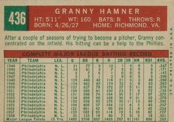 1959 Topps #436 Granny Hamner Back