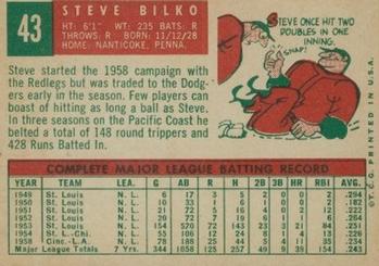 1959 Topps #43 Steve Bilko Back
