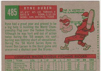 1959 Topps #485 Ryne Duren Back