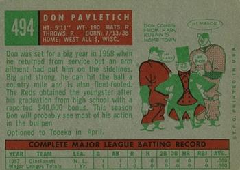 1959 Topps #494 Don Pavletich Back
