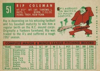 1959 Topps #51 Rip Coleman Back