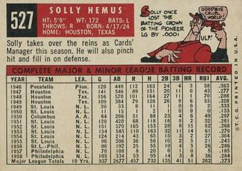 1959 Topps #527 Solly Hemus Back