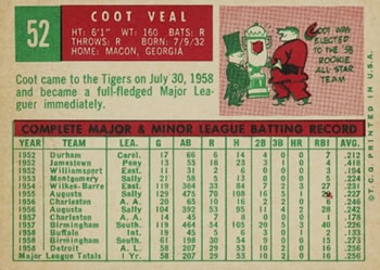 1959 Topps #52 Coot Veal Back