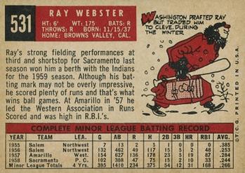 1959 Topps #531 Ray Webster Back