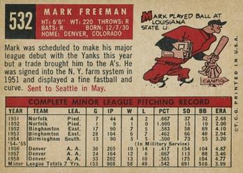 1959 Topps #532 Mark Freeman Back
