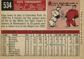 1959 Topps #534 Faye Throneberry Back