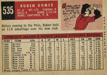 1959 Topps #535 Ruben Gomez Back