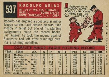 1959 Topps #537 Rodolfo Arias Back