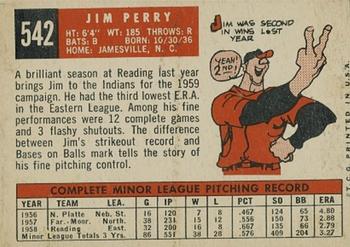 1959 Topps #542 Jim Perry Back