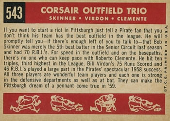 1959 Topps #543 Corsair Outfield Trio (Bob Skinner / Bill Virdon / Roberto Clemente) Back