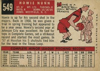 1959 Topps #549 Howie Nunn Back