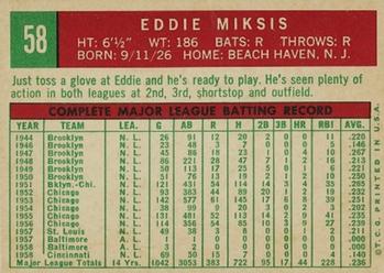 1959 Topps #58 Eddie Miksis Back