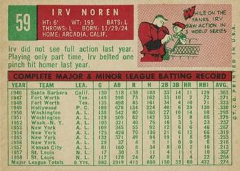1959 Topps #59 Irv Noren Back