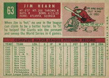 1959 Topps #63 Jim Hearn Back
