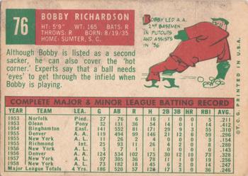 1959 Topps #76 Bobby Richardson Back