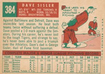 1959 Topps #384 Dave Sisler Back