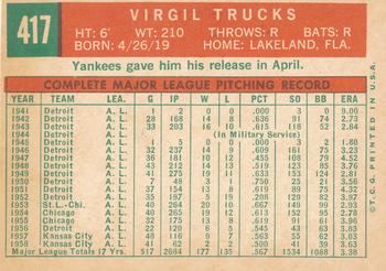 1959 Topps #417 Virgil Trucks Back
