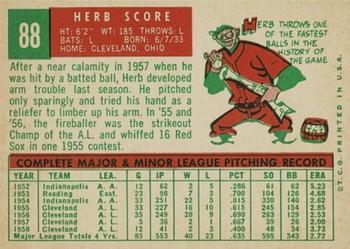 1959 Topps #88 Herb Score Back